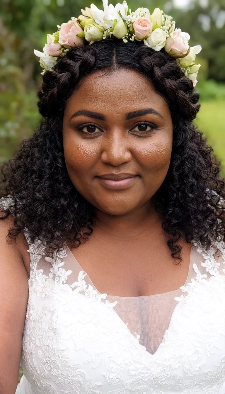 Natural Texture And Braided Artistry selfie of a 34-year-old plus size Ethiopian bride with a chubby face. Key features include a wide forehead and a soft jaw. The skin has rich, glowing pores. The eyes are dark brown. She is wearing a white wedding dress with a dark curly hair with a floral crown, braided updo, and voluminous natural hair hairstyle, front view