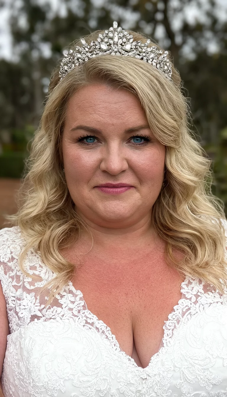 selfie of a 46-year-old plus size Australian bride with a chubby face. Key features include a strong jaw and a prominent forehead. The skin has mature, dewy pores. The eyes are blue. She is wearing a white lace wedding dress with a blonde hair styled in loose, glamorous waves and a sparkling headpiece hairstyle, front view, blurred background.