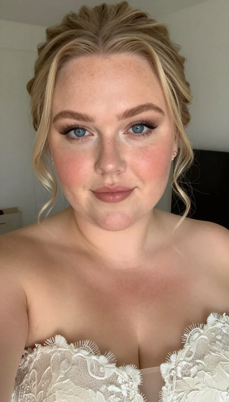selfie of a 33-year-old plus size Swedish bride with a chubby face. Key features include a prominent forehead and soft, rounded cheeks. The skin has pale, freckled pores. The eyes are bright blue. She is wearing a strapless, ivory lace dress with a blonde hair styled loosely around her face hairstyle, front view, blurred background.