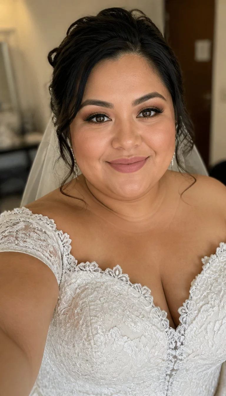 Soft Updo For Lace Details selfie of a 35-year-old plus size Mexican bride with a chubby face. Key features include a soft jawline and a petite nose. The skin has velvety, matte pores. The eyes are warm chocolate brown. She is wearing an off-the-shoulder lace wedding dress with a dark hair styled in a soft updo hairstyle, front view, blurred indoor background.