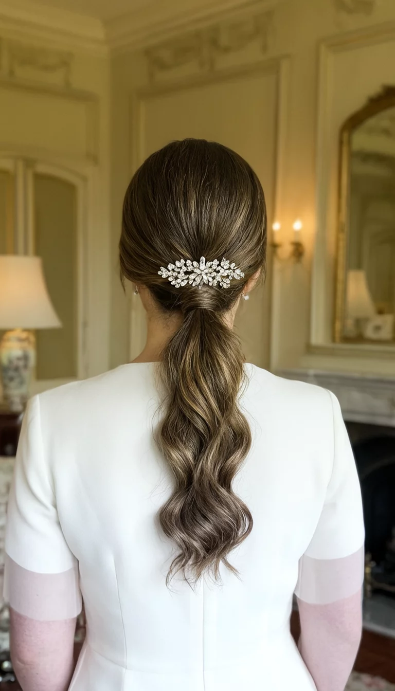 Jeweled Wavy Back View casual photo of a 35-year-old bride wearing a white top with a sleek, wavy low ponytail with a jeweled hair accessory, back view, elegant room background