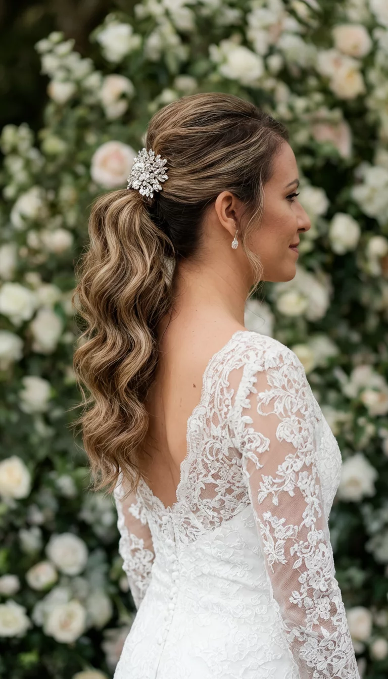 Lace And Wavy Romance casual photo of a 29-year-old bride wearing a white lace wedding dress with a wavy ponytail and a sparkly comb, side view, floral background