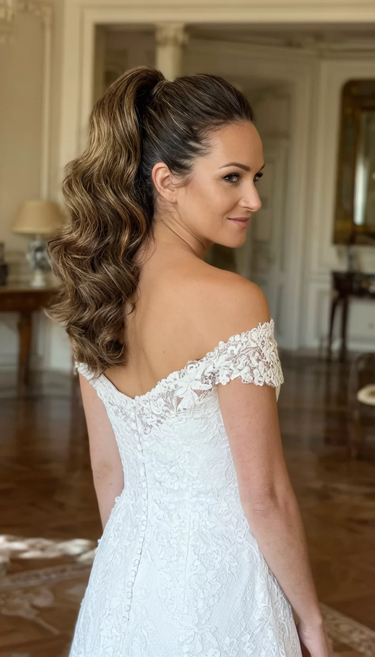 High Volume Lace Glamour casual photo of a 38-year-old bride wearing an off-the-shoulder white lace dress with a voluminous high ponytail, side view, elegant interior background
