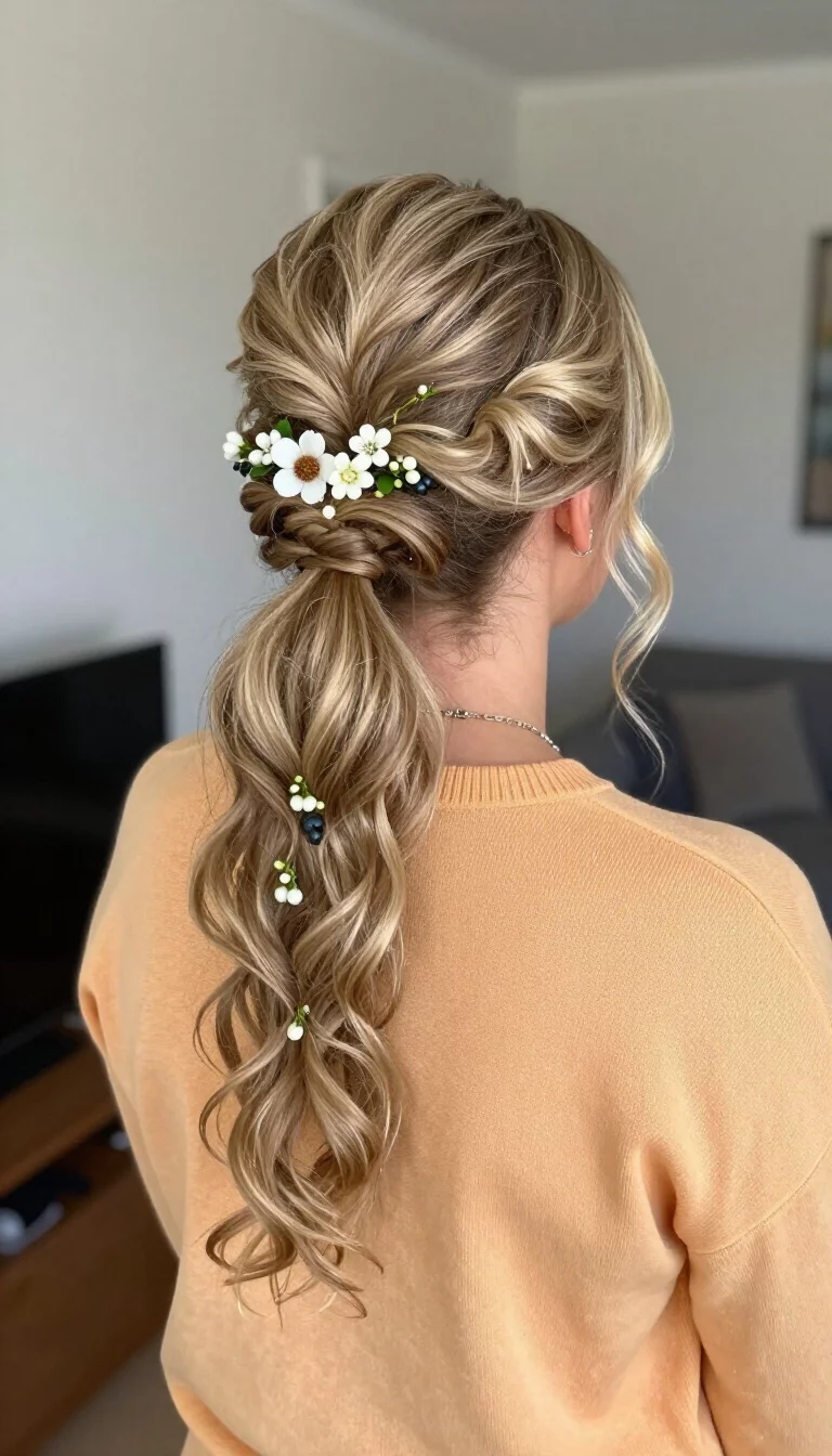 Berries And Braids casual photo of a 33-year-old bride wearing a pale orange sweater with blonde ponytail hair in a braided style adorned with small white flowers and berries, back view, indoor background