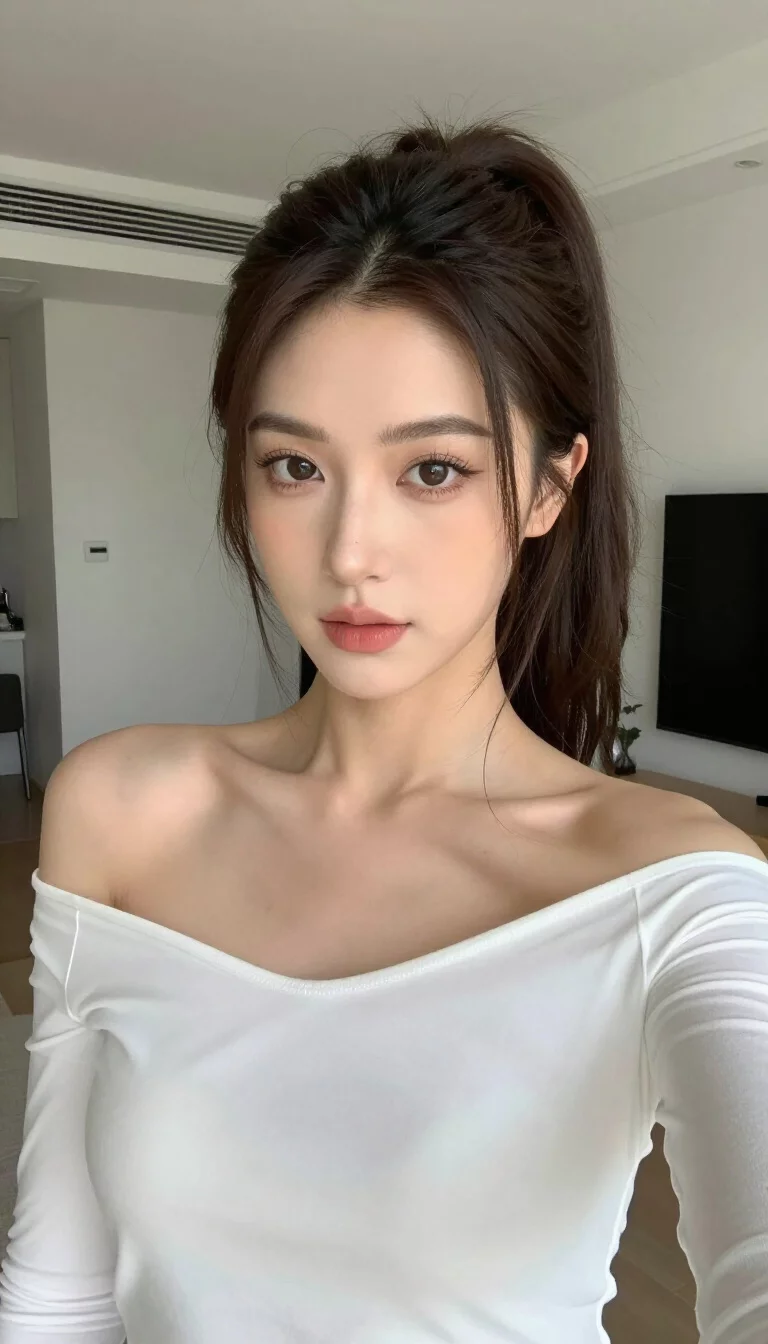 selfie of a 33-year-old bride wearing a white off-the-shoulder top with a high, loose ponytail with face-framing strands, front view, modern home background