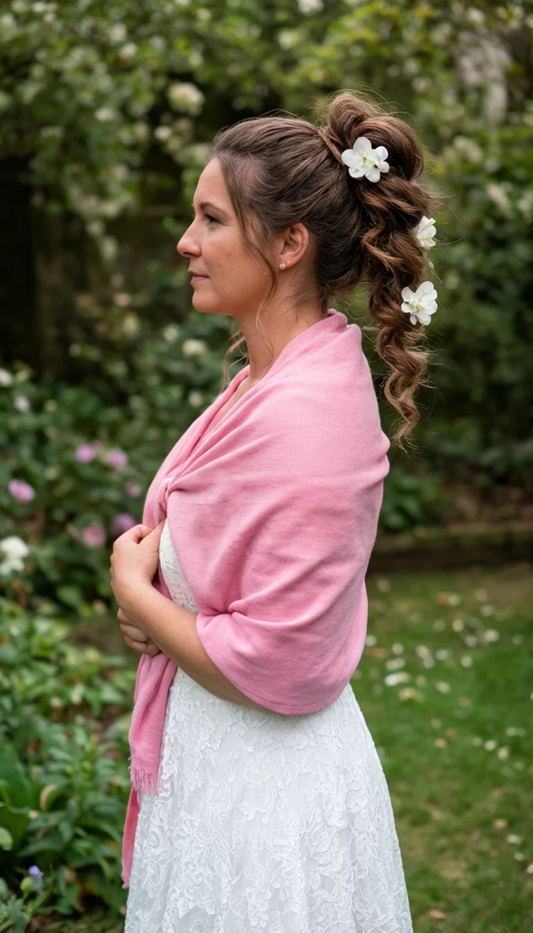 Floral Braided Pink Fusion casual photo of a 30-year-old bride wearing a white lace dress and a pink stole with a high, braided ponytail with white flower accents, side view, garden background