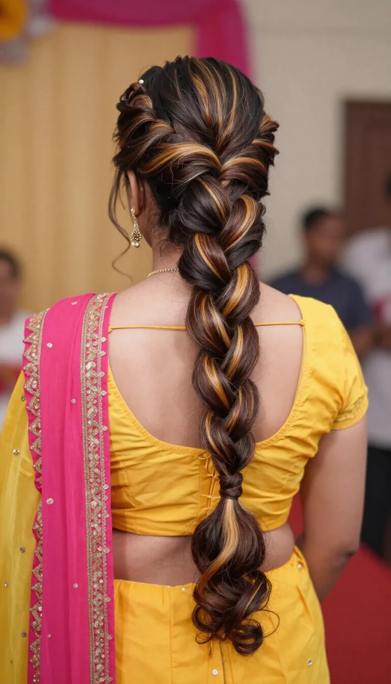 Elongated Bubble Braid casual photo of a 27-year-old bride wearing a yellow and pink traditional outfit with dark brown and blonde streaked ponytail hair in a unique, elongated bubble braid, back view, festive background