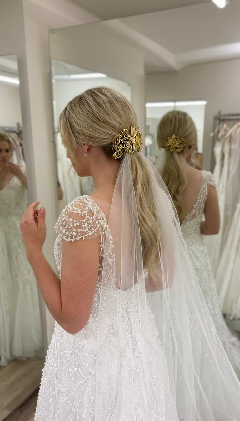 Mirror Mirror Veil casual photo of a 37-year-old bride wearing a beaded white dress with blonde hair in a low ponytail with a veil and a gold hair accessory, mirror reflection view, dressing room background