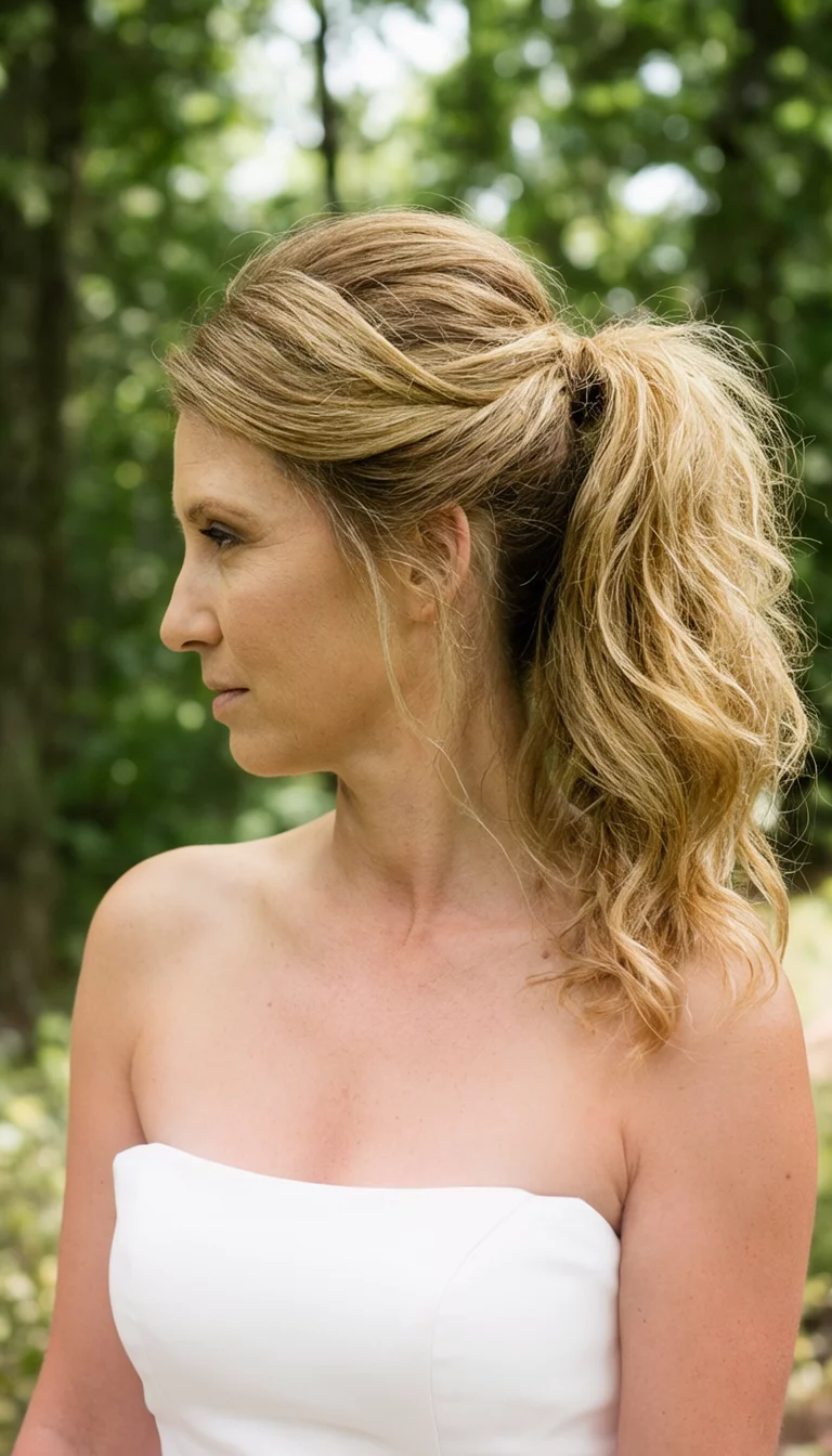 Tousled Honey Blonde Lift casual photo of a 36-year-old bride wearing a white strapless top with a high, tousled honey blonde ponytail, side view, natural light background