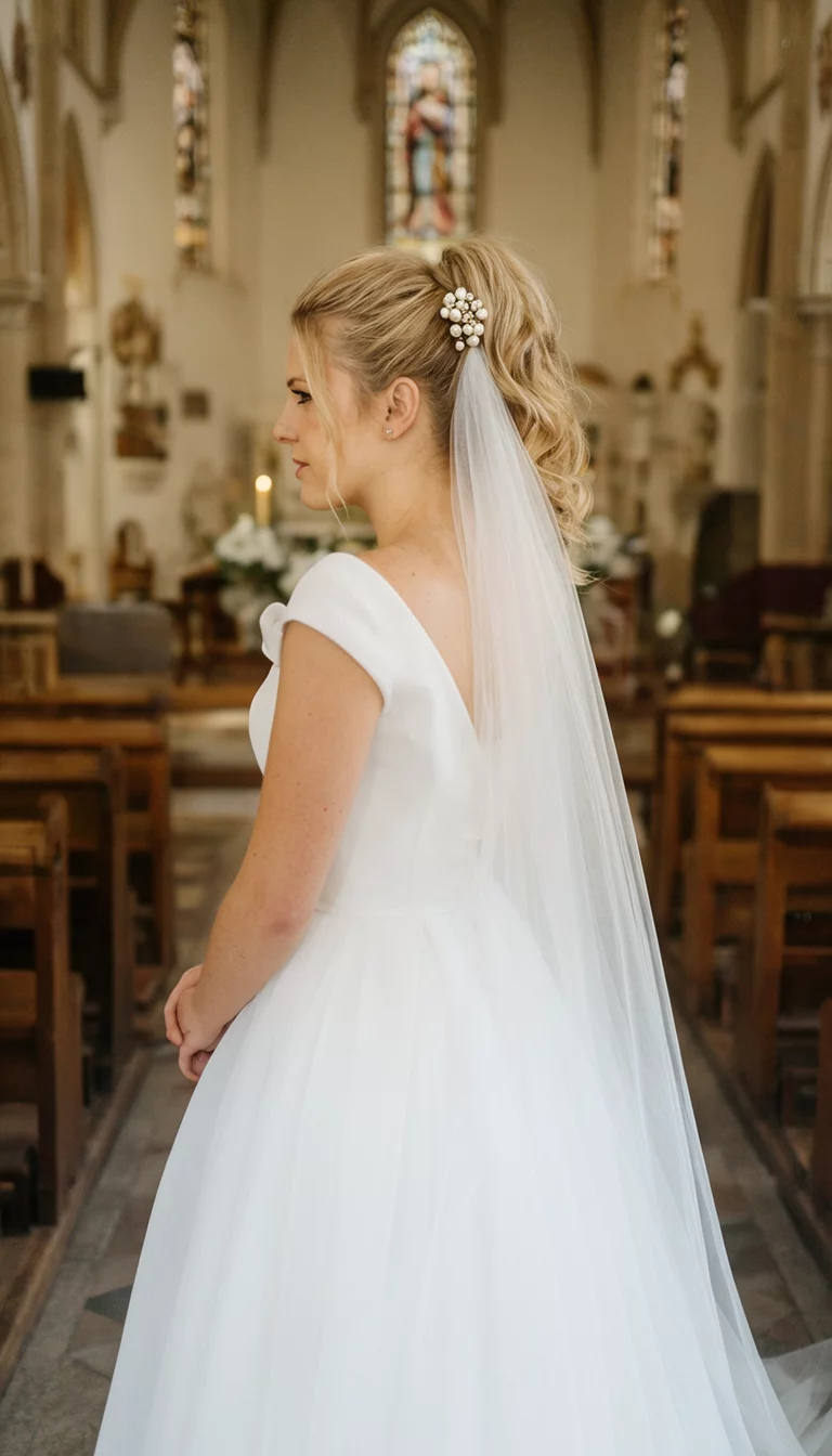 Veiled Pearl Pins casual photo of a 28-year-old bride wearing a white gown and a veil with a blonde high ponytail and pearl hair pins, side view, church background