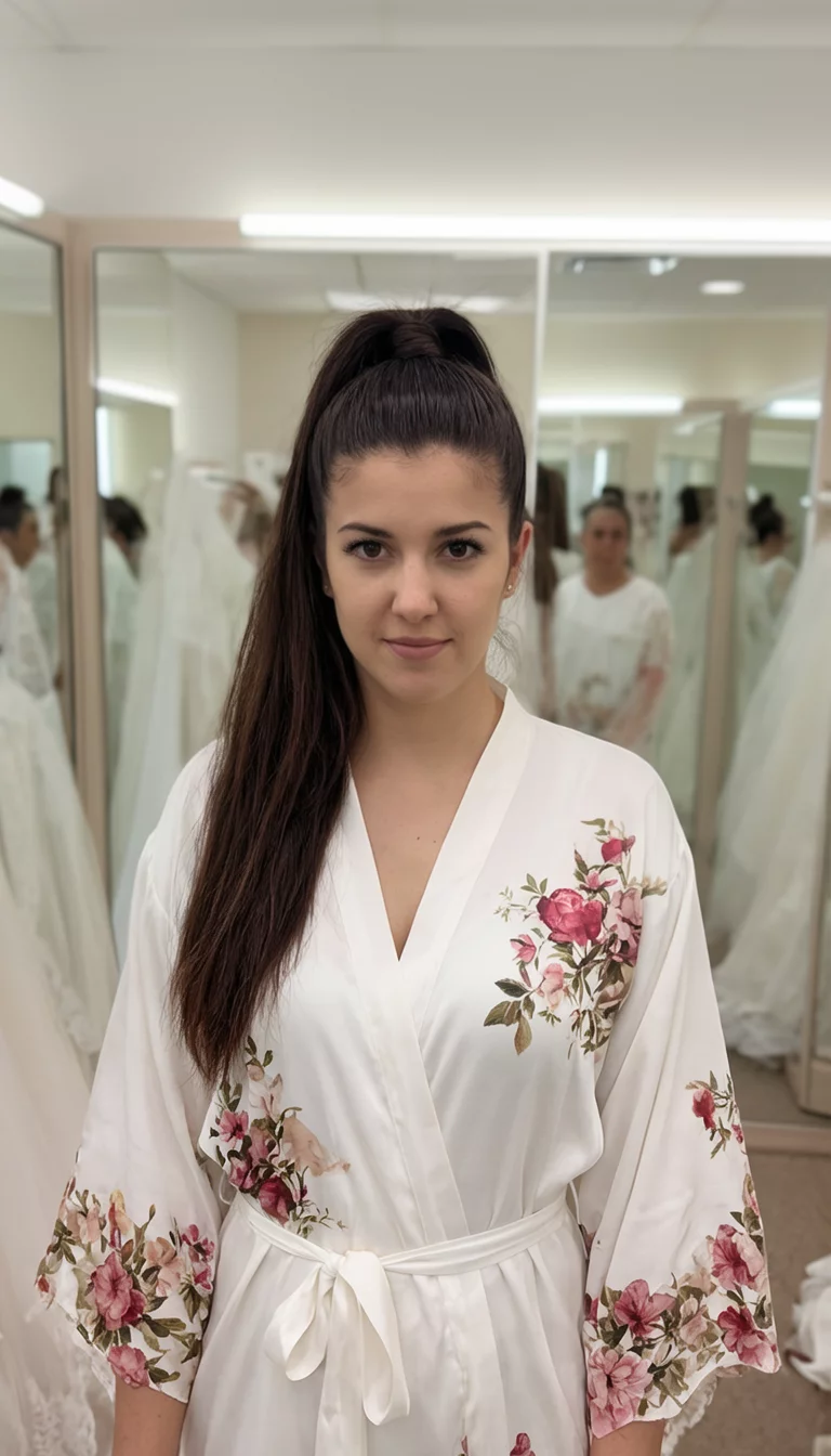 Robes And Rituals casual photo of a 29-year-old bride wearing a white robe with floral accents with a dark brown high ponytail, front view, dressing room background