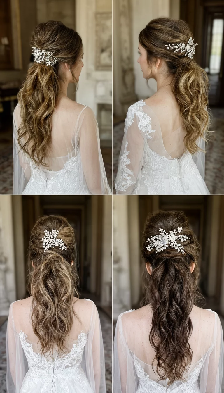 Bridal Accessory Collage casual photo of four brides with elaborate ponytails and bridal hair accessories, varied views, formal background