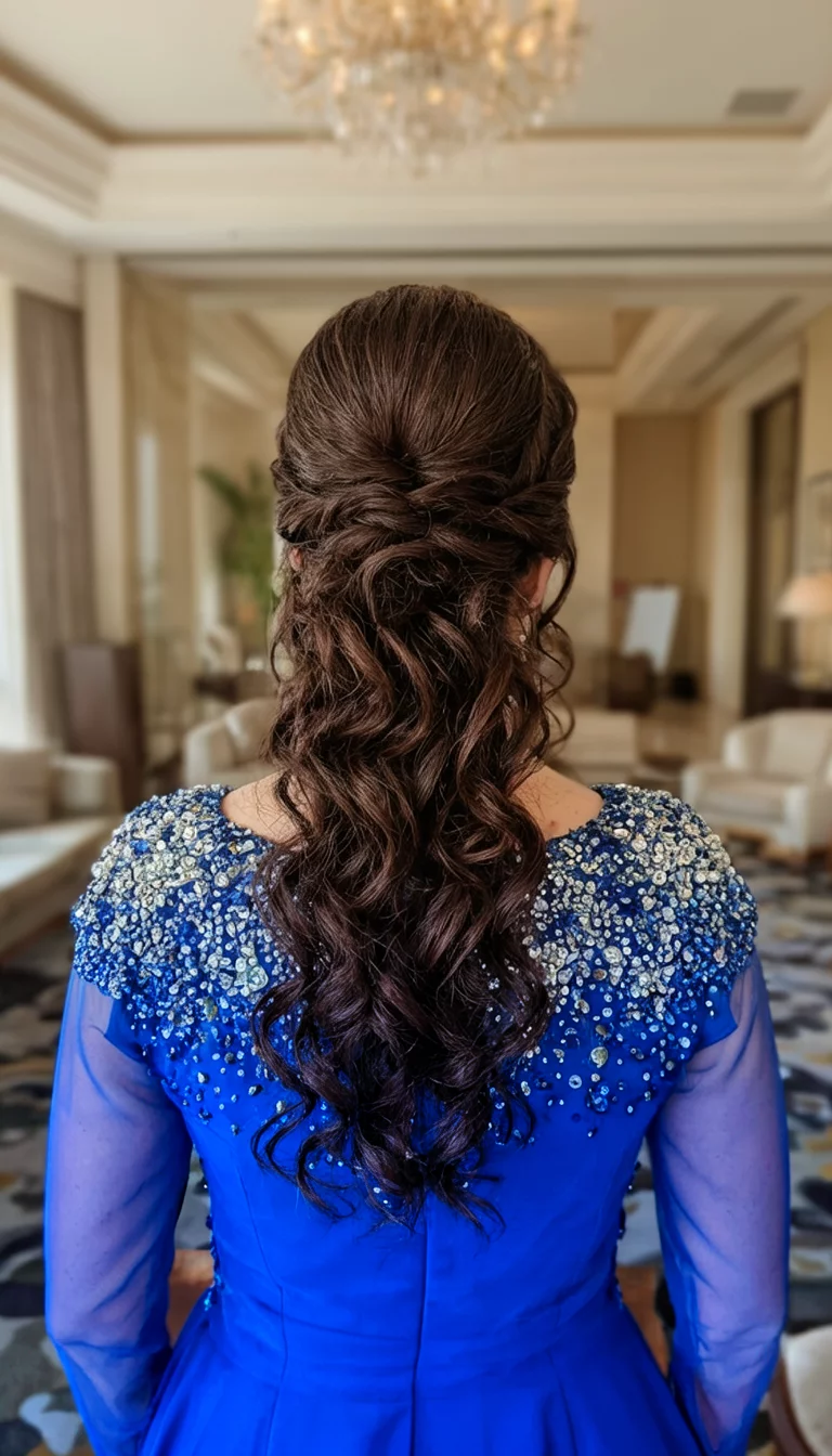 Intricate Curly Blue Marvel casual photo of a 39-year-old bride wearing a blue embellished top with a dark brown, curly high ponytail with intricate styling, back view, luxury hotel background