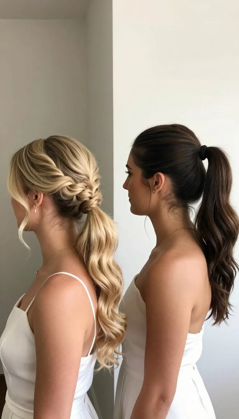 Braided Versus High Contrast casual photo of two brides, one with blonde hair in a braided low ponytail and one with dark brown hair in a high ponytail, side view, split background