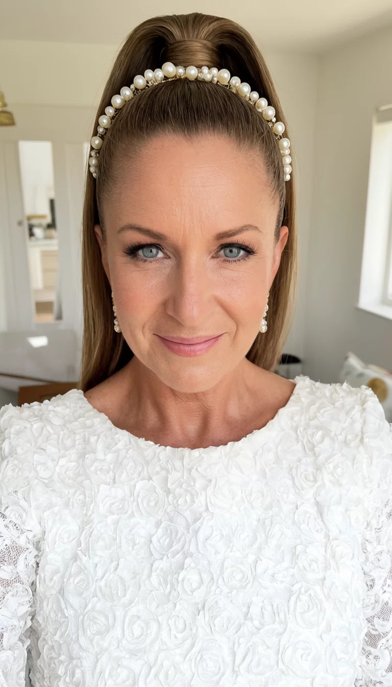 Pearl Headband Sophistication selfie of a 42-year-old bride wearing a white floral textured top with a high, sleek ponytail and pearl-adorned headbands, front view, bright indoor background