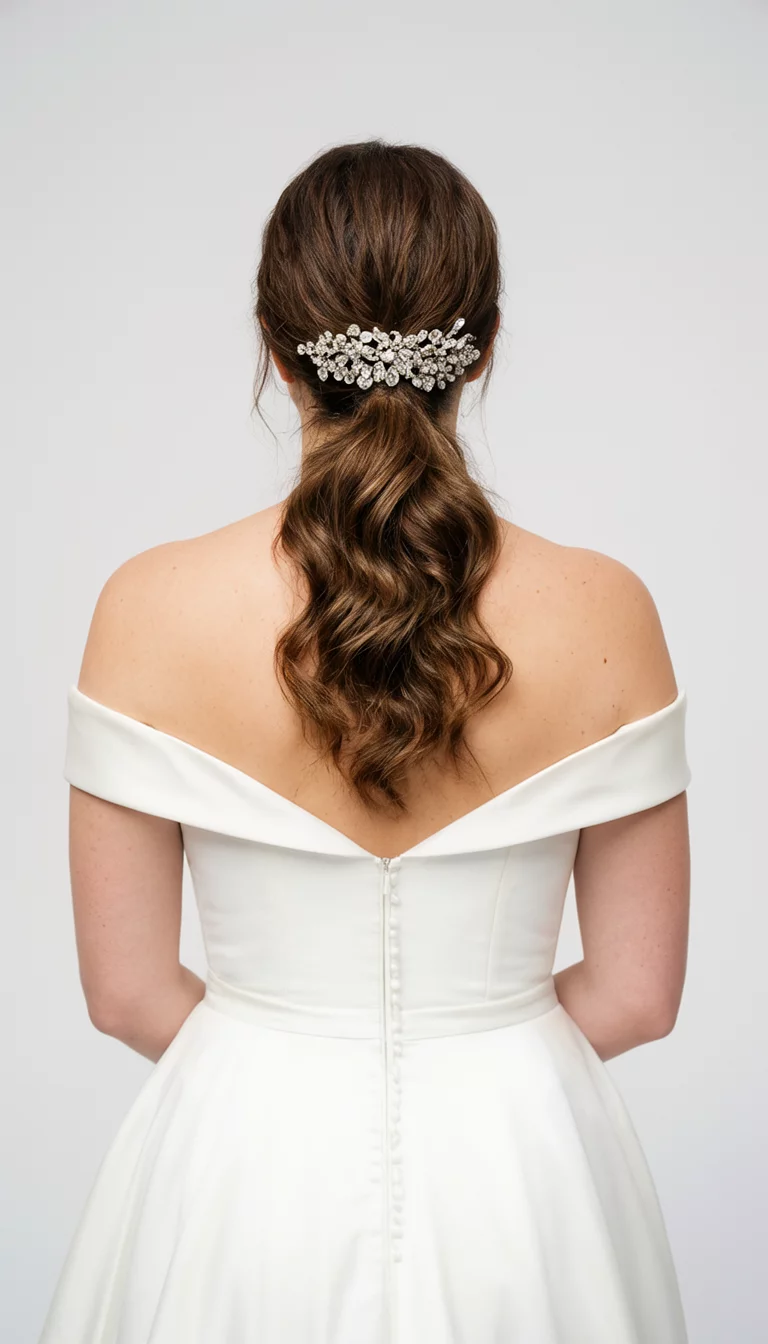Low Wavy Elegance With Sparkle casual photo of a 31-year-old bride wearing a white off-the-shoulder wedding dress with a low, wavy ponytail adorned with a sparkling hairpiece, back view, clean studio background
